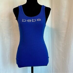 BEBE blue crystal rhinestone logo ribbed round neck tank top Sz M sexy